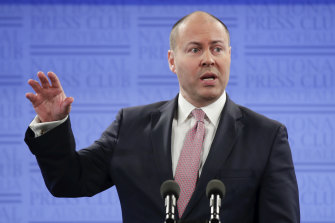 Treasurer Josh Frydenberg addresses the National Press Club in early May.