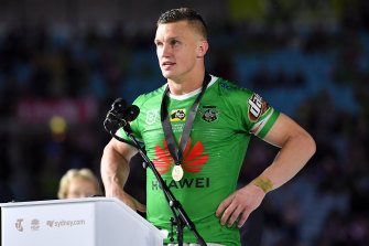Jack Wighton collects the Clive Churchill Medal after last year's grand final.
