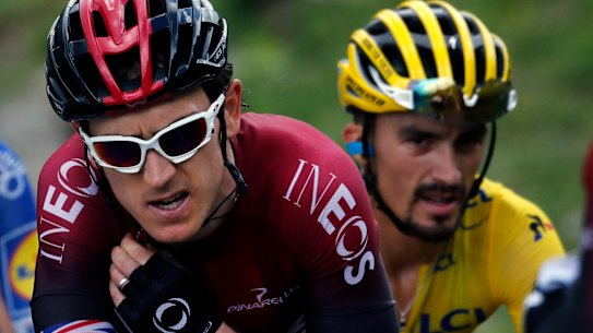 Contenders: Britain's Geraint Thomas and France's Julian Alaphilippe climb the Vars pass.