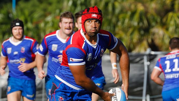 Langi Gleeson in action for Manly in the Shute Shield. 