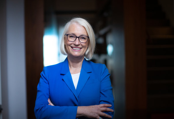 Melbourne lord mayor Sally Capp, photographed at her front door (candidates are prevented from campaigning outside their homes under stage four restrictions).