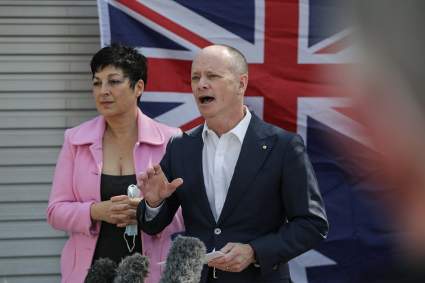 Campbell Newman, with wife Lisa, announces his Senate run with the Liberal Democrats. 