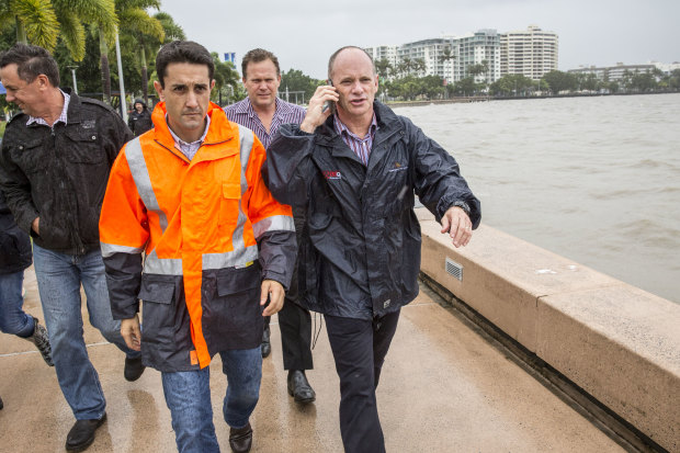 Current LNP Opposition Leader David Crisafulli (left) with Newman in Cairns as Cyclone Ita approaches in 2014.