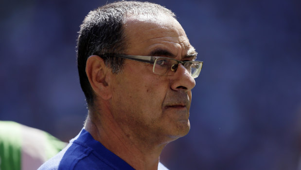 Work to do: Chelsea manager Maurizio Sarri looks on during the Community Shield defeat to Manchester City.