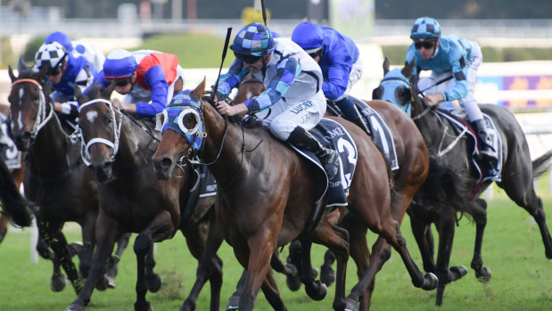 Nick of time: John Allen brings Kenedna down the outside with a late run to win the Coolmore Legacy Stakes.