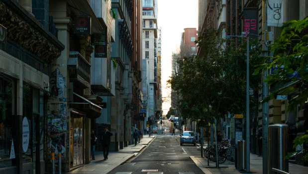 Lockdown bites: an empty Flinders Lane.