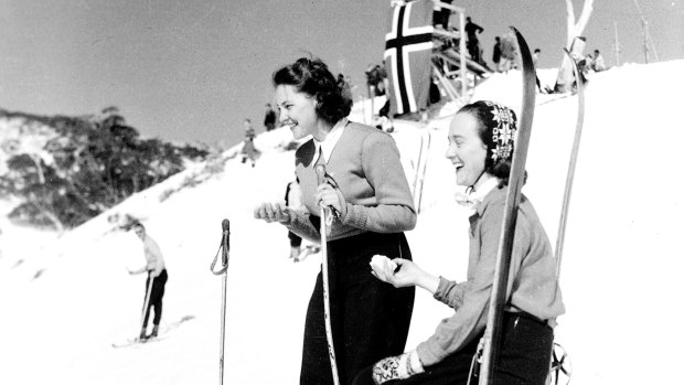 A skiing party make the most of a chance to enjoy Mount Kosciuszko, NSW, in August 1953.