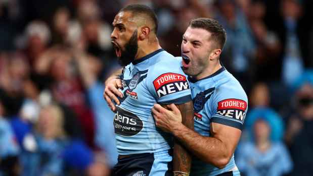James Tedesco joins Josh Addo-Carr in celebrating after the winger’s second-half try.