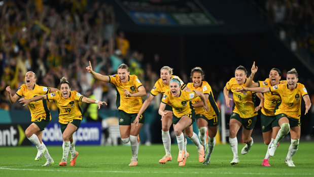 Free for alll! The Matildas celebrating Cortnee Vine’s match-winning penalty against France.