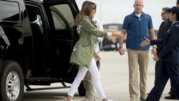 First lady Melania Trump boards a plane to Texas on Thursday. 