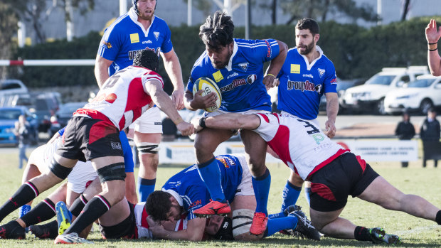 Royals' Sione Lolohea barging through the Vikings defence. 