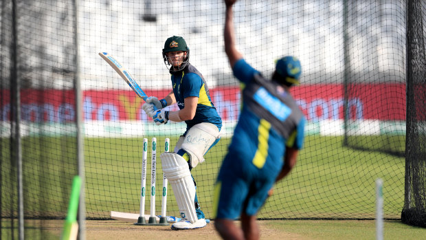 Steve Smith faced fast bowling from Michael Neser and Mitch Marsh at Headingley on Sunday morning.