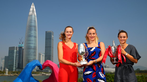 WTA players Kristina Mladenovic (far left) and Timea Babos, with Australia's Ashleigh Barty in China.