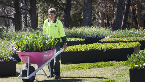 Floriade head gardener Andrew Forster with some examples of the raised flower beds scattered around the venue.