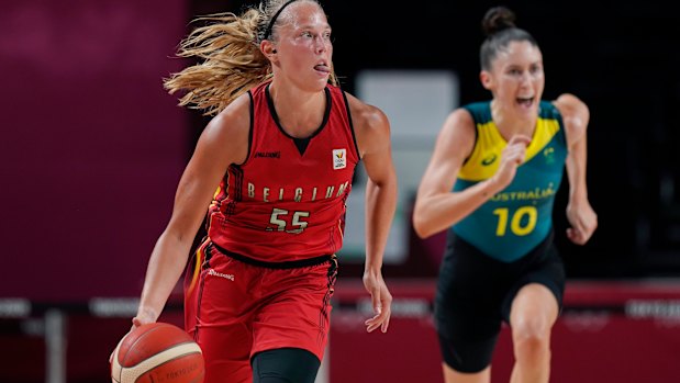 Belgium’s Julie Allemand moves the ball up court against Australia.