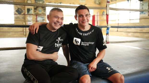 Master and apprentice: Kostya Tszyu and son Tim in Sydney on Thursday.