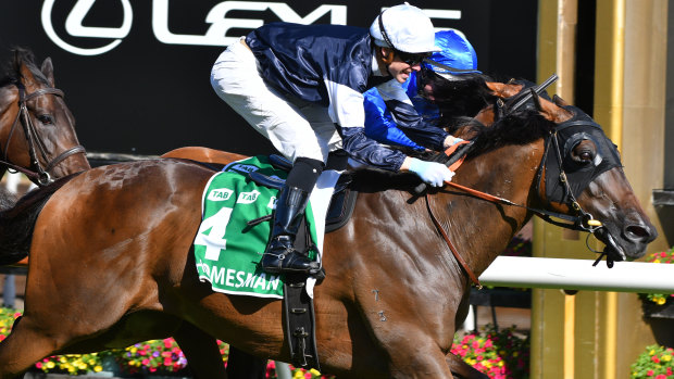 Jye McNeil riding Homesman wins  the Australian Cup at Flemington on Saturday.  