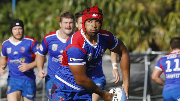 Langi Gleeson in action for Manly in the Shute Shield. 