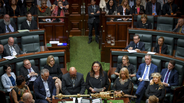 Treaty Advancement Commissioner Jill Gallagher addresses State Parliament in March.
