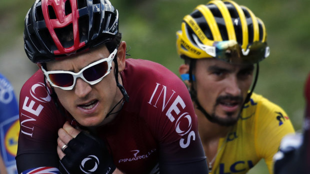 Contenders: Britain's Geraint Thomas and France's Julian Alaphilippe climb the Vars pass.