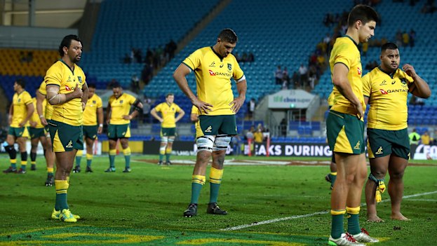 Dejected Wallabies players after losing to Argentina in 2018. The once high-flying national team has slipped to seventh in the world rankings.
