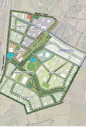An excerpt of the Silicon Highlands proposal shows a map of the park, including the land north west of the Old Hume Highway owned by the Medich family.