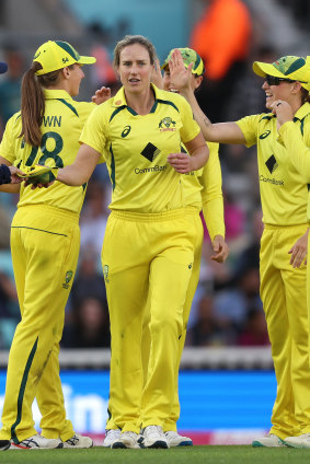Ellyse Perry is congratulated after taking a wicket during last year’s women’s Ashes clash at the Oval.