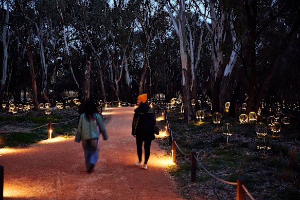 Bruce Munro’s Trail of Lights installation on Lock Island in Mildura.