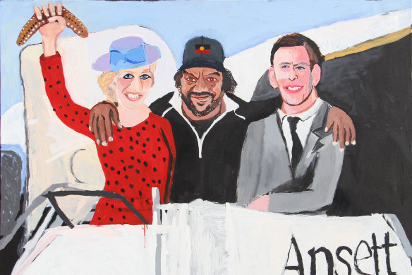 Vincent Namatjira’s <i>The Royal Tour </i> (Diana, Vincent and Charles) 2020,  (detail).