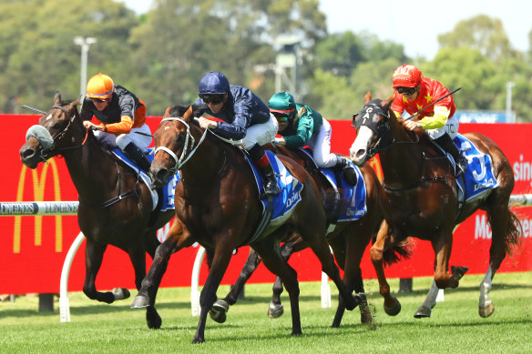 Shinzo dashes clear to win the Pago Pago Stakes at Rosehill on Saturday.