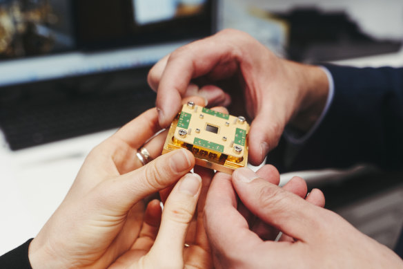 A printed circuit board with a superconducting device at the Sydney Nanoscience Hub at Sydney University.