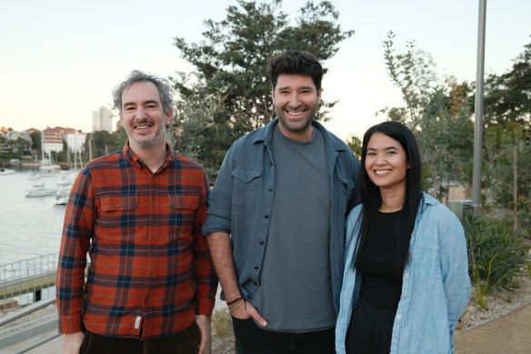 Leonardo.AI co-founder and CEO JJ Fiasson with Canva co-founders Cliff Obrecht and Melanie Perkins.