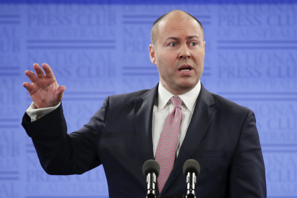 Treasurer Josh Frydenberg addresses the National Press Club in early May.