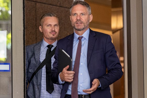Cameron Nation (left) with defence lawyer Sam Norton at court in January.