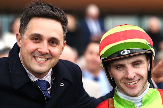 Trainer Daniel Bowman (left) and jockey Declan Bates after Begood Toya Mother won the 2019 Sir Rupert Clarke Stakes.