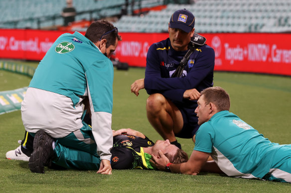Steve Smith receives treatment on the boundary after hitting his head trying to save a six.