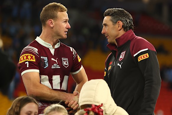 Coach Billy Slater (right) is poised to give Daly Cherry-Evans (left) his marching orders as Maroons captain.