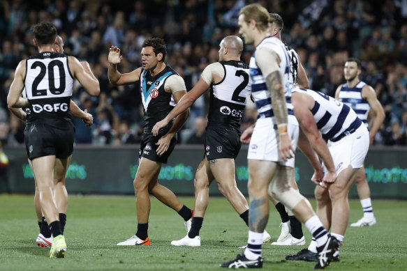 Steven Motlop celebrates after a goal in the qualifying final against Geelong last year.