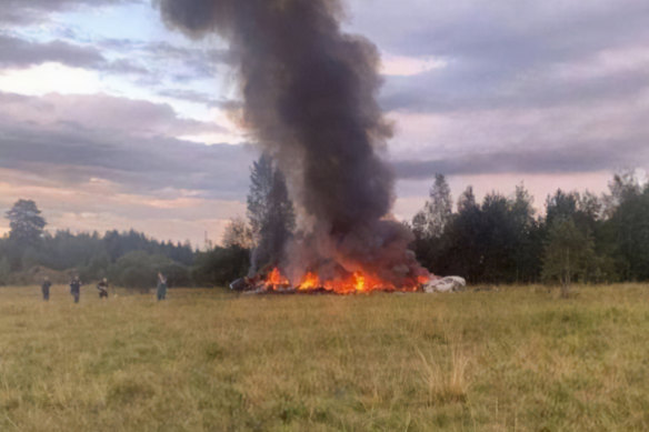 A view of site after a private jet, allegedly carrying Prigozhin and other passengers, crashed in Russia’s northwestern Tver region.
