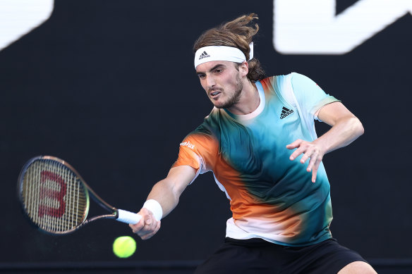 Stefanos Tsitsipas belts a forehand during his win over Argentina’s Sebastian Baez.