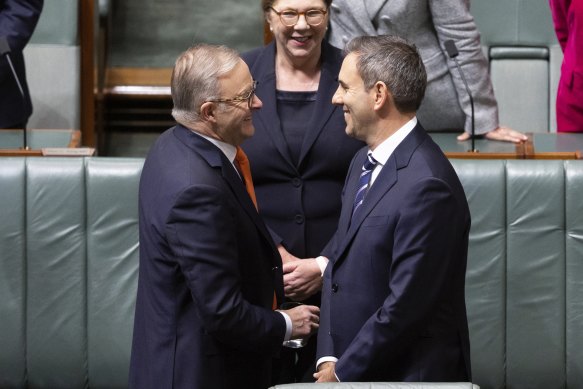 Anthony Albanese congratulates Treasurer Jim Chalmers on Tuesday night. The prime minister wants to take all the adult roles, and leave the Coalition with nothing but kids’ stuff.