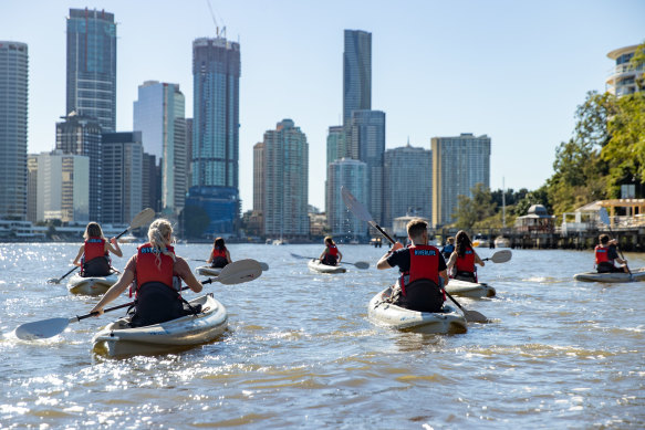 A kayak tour is one of many scenic ways to enjoy the Brisbane River.