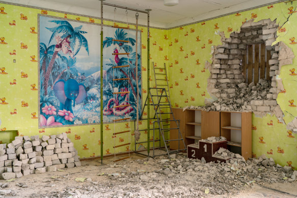 A classroom in the kindergarten that was hit with artillery shells from the Russian-backed separatists in Stanytsia Luhanska, Ukraine. 
