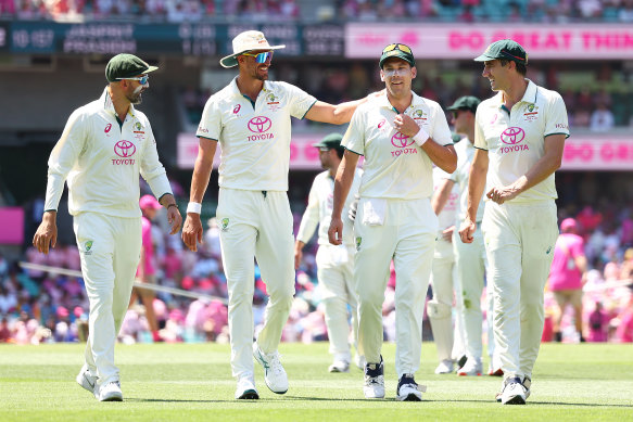 Australia’s bowling attack of Nathan Lyon, Mitchell Starc, Scott Boland and Pat Cummins at the SCG.