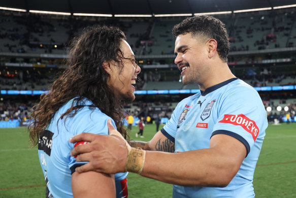 Jarome Luai (left) and Mitchell in the midst of a budding bromance.