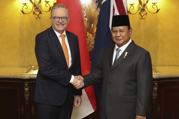 Anthony Albanese with Indonesian President Prabowo Subianto at the APEC summit in Peru last November. 