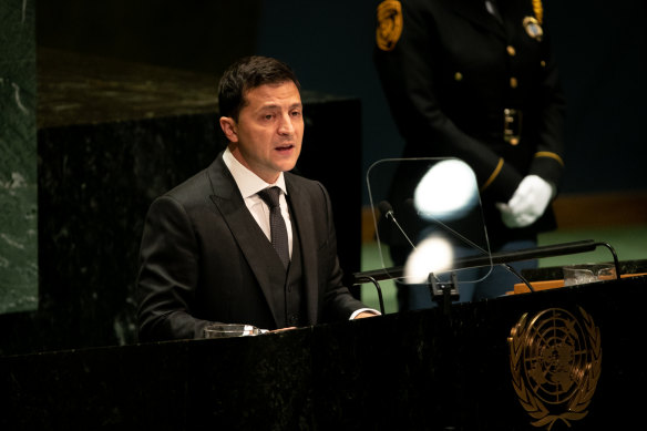 Ukrainian President Volodymyr Zelensky addresses the UN in September.