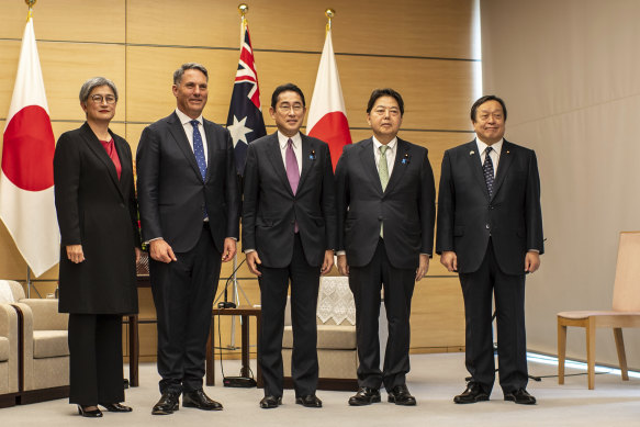 From left: Australia’s Foreign Minister Penny Wong, Defence Minister Richard Marles, Japan’s Prime Minister Fumio Kishida, Foreign Minister Yoshimasa Hayashi and Defence Minister Yasukazu Hamada in Tokyo on Friday.