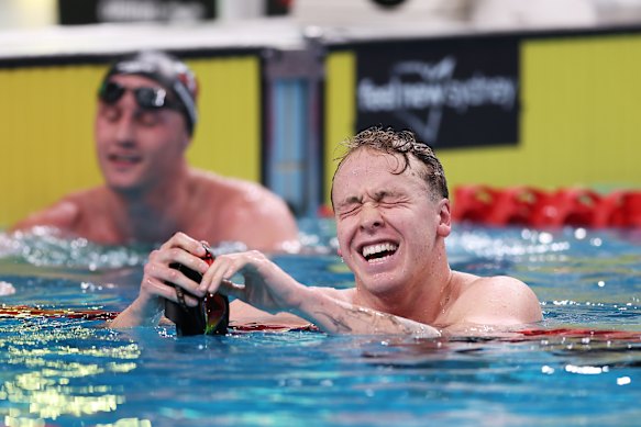 Sam Short reacts to his near-world record swim in the men's 400m freestyle. 