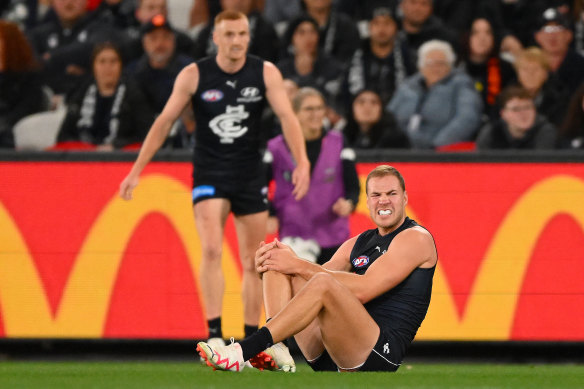 Harry McKay hurt his right knee when he landed awkwardly from a marking contest against Port Adelaide. 
